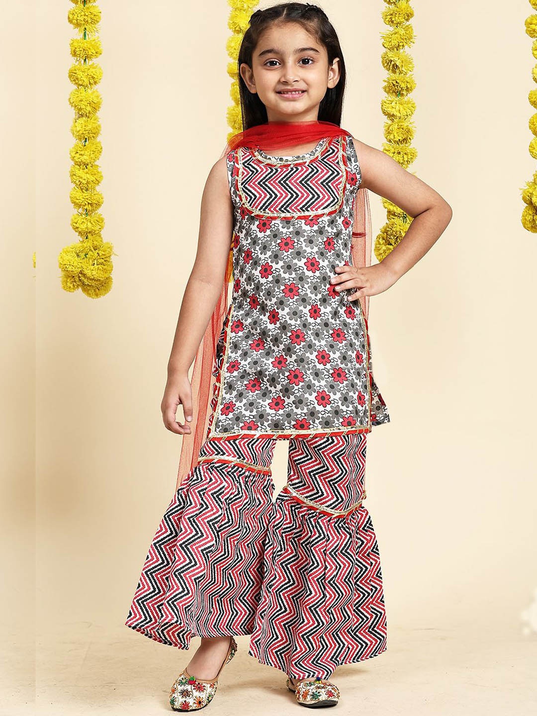 

Cutiekins Girls Floral Printed Gotta Patti Straight Kurta With Sharara & Dupatta, Red