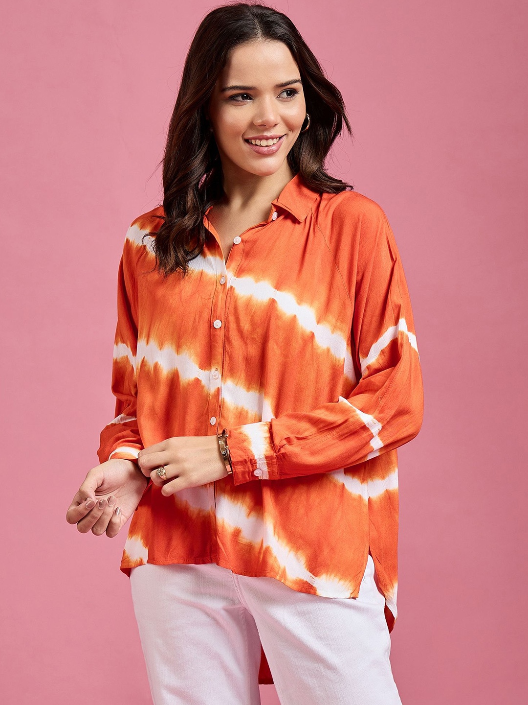 

DressBerry Women Classic Spread Collar Dyed Oversized Casual Shirt, Orange