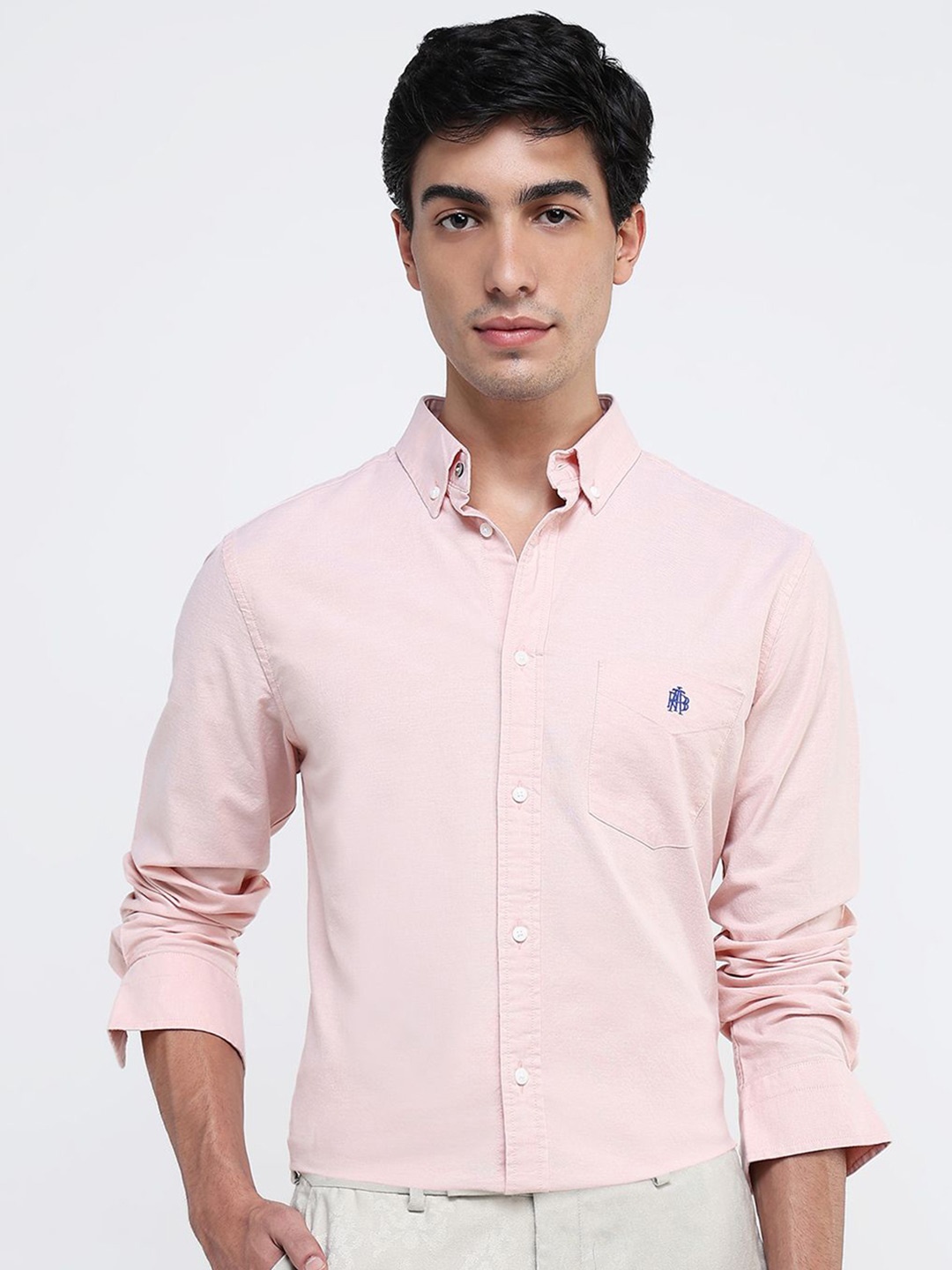 

RARE RABBIT Men Comfort Button-Down Collar Solid Cotton Formal Shirt, Peach