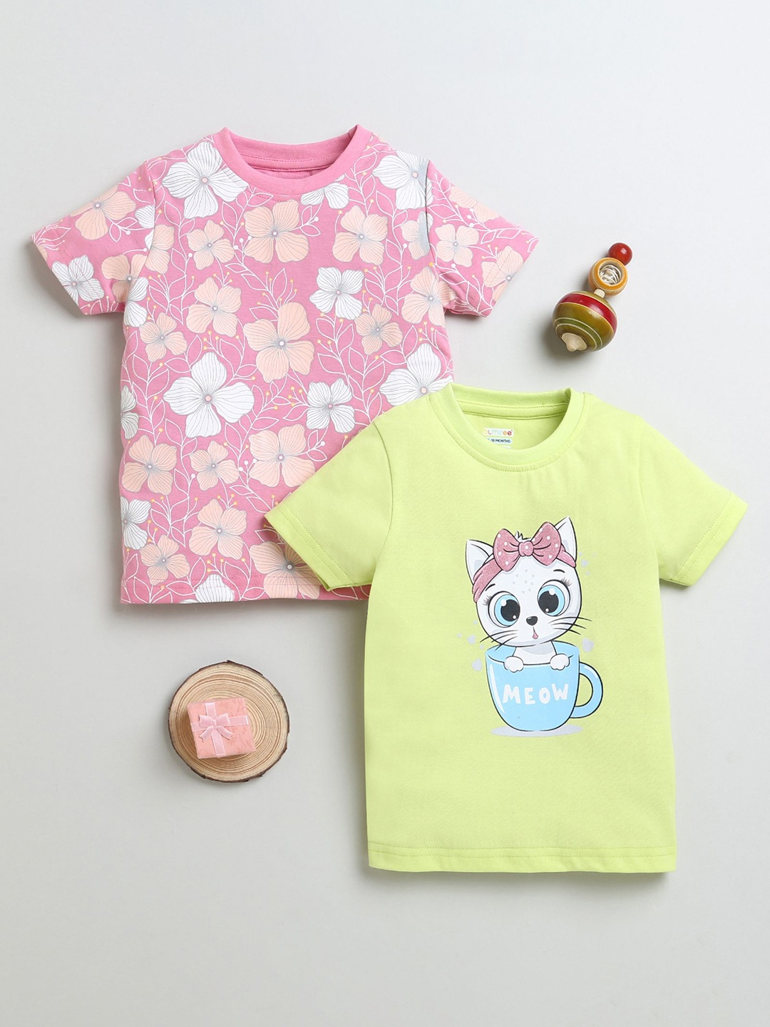 

BUMZEE Girls Pack Of 2 Floral Printed Round Neck Cotton T-Shirts, Pink