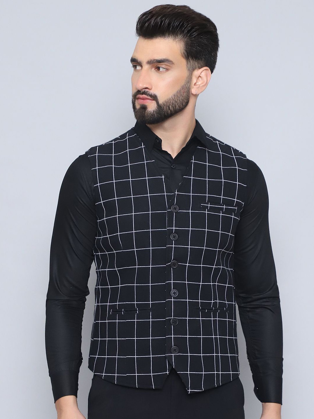 

even Checked V-Neck Waistcoat, Black