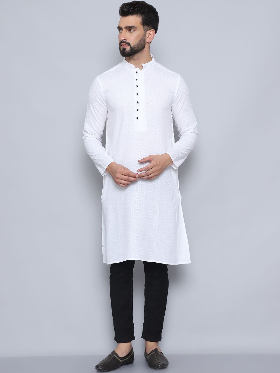

even Printed Band Collar Pure Cotton Straight Kurta, White