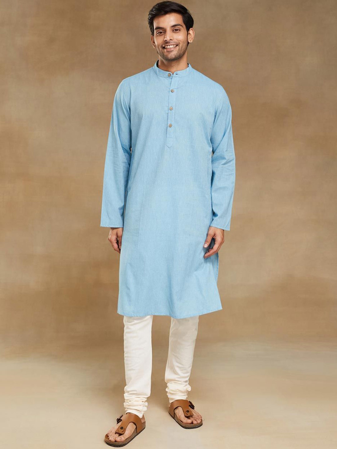 

Fabindia Slim Fit Band Collar Cotton Straight Kurta, Blue