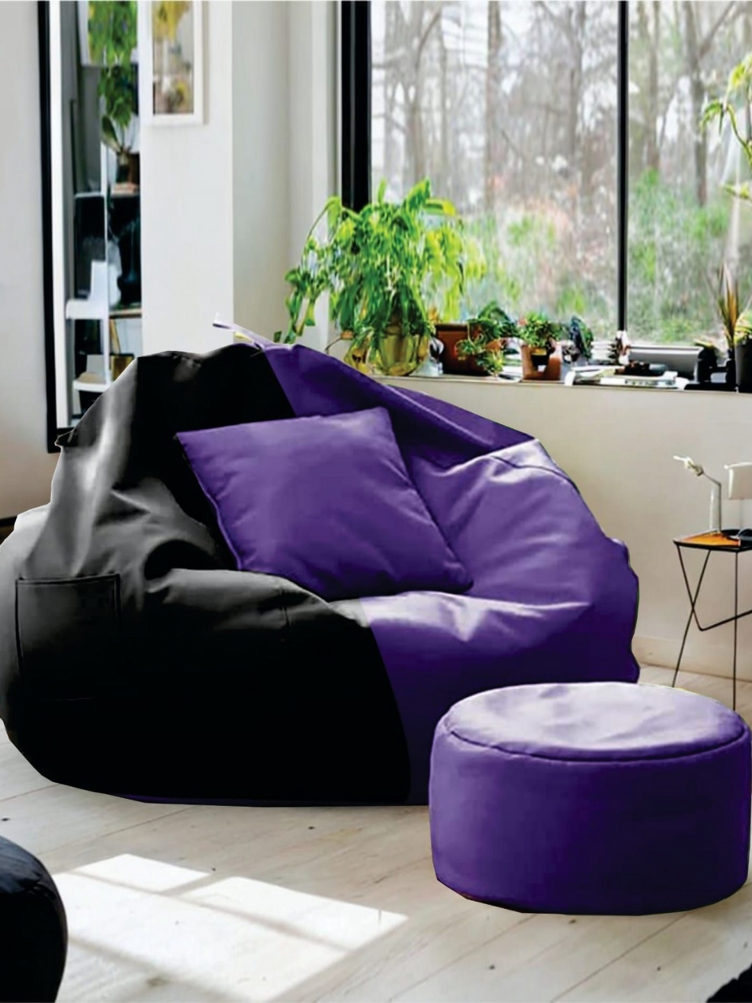 

SHIRA 24 Black & Purple 3 Pieces Coloublocked Bean Bag Cushion & Footrest Covers Set