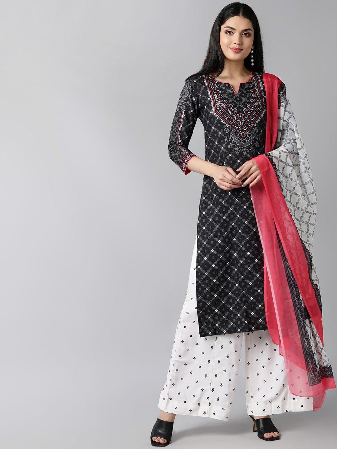 

KALINI Bandhani Printed Notch Neck Straight Kurta with Palazzo & Dupatta, Black
