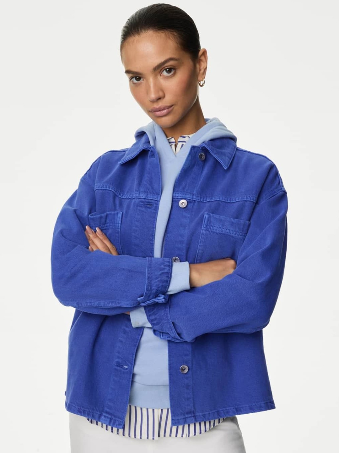 

Marks & Spencer Women Spread Collar Solid Cotton Relaxed Fit Casual Shirt, Blue