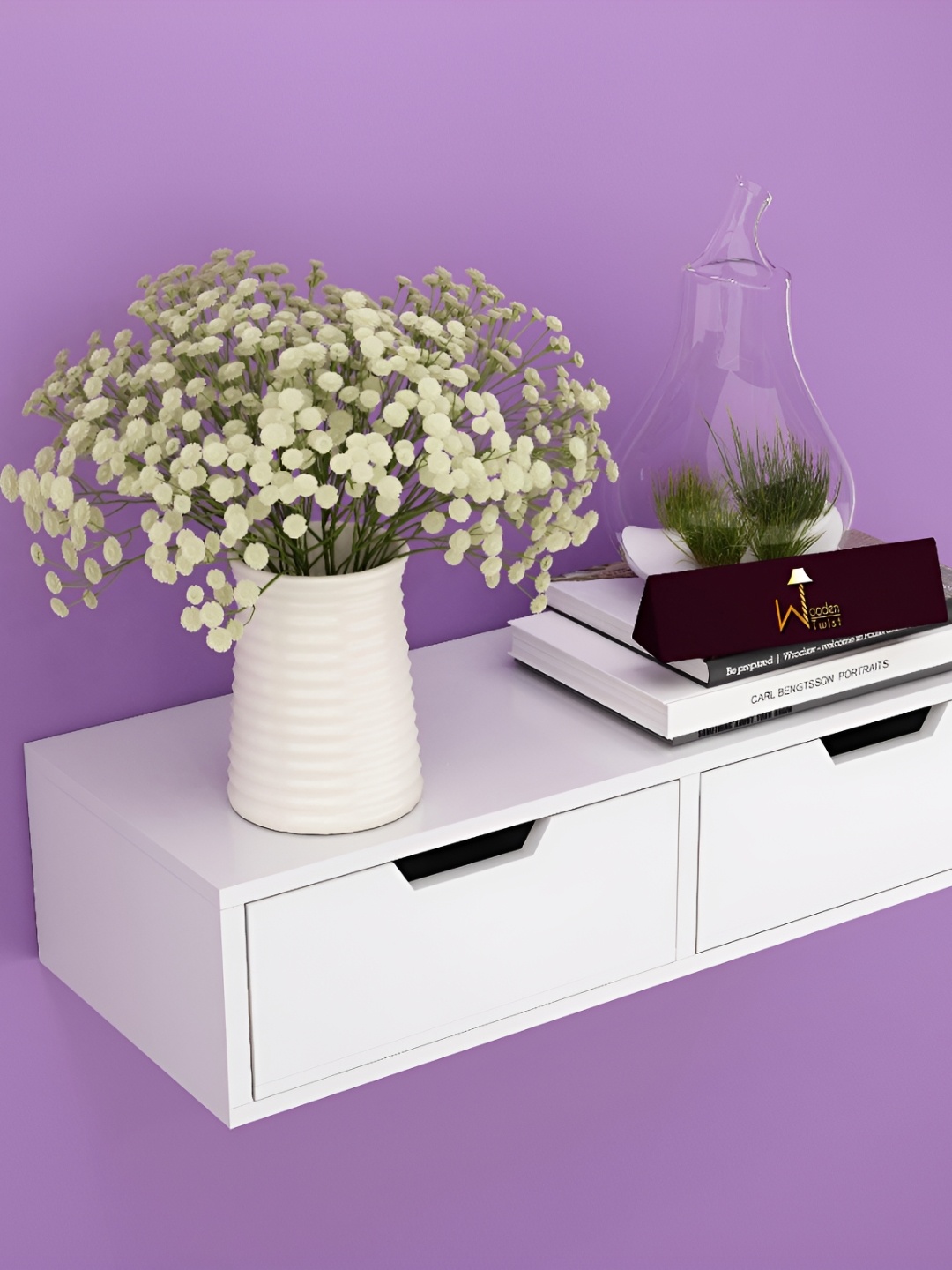 

Wooden Twist White Wall Shelf With Drawer