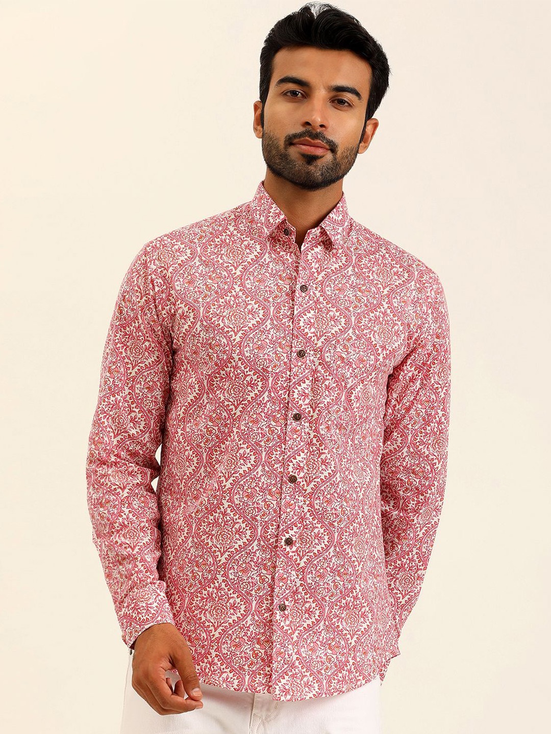 

SPS Men Relaxed Spread Collar Floral Printed Cotton Casual Shirt, Pink