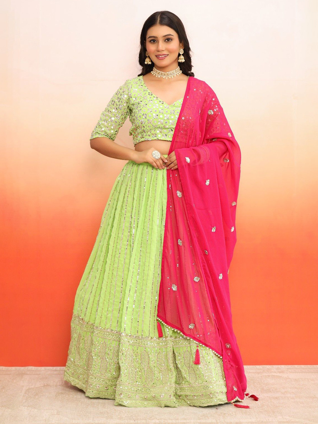 

Futra Gabha Embroidered Sequinned Ready to Wear Lehenga & Blouse With Dupatta, Green