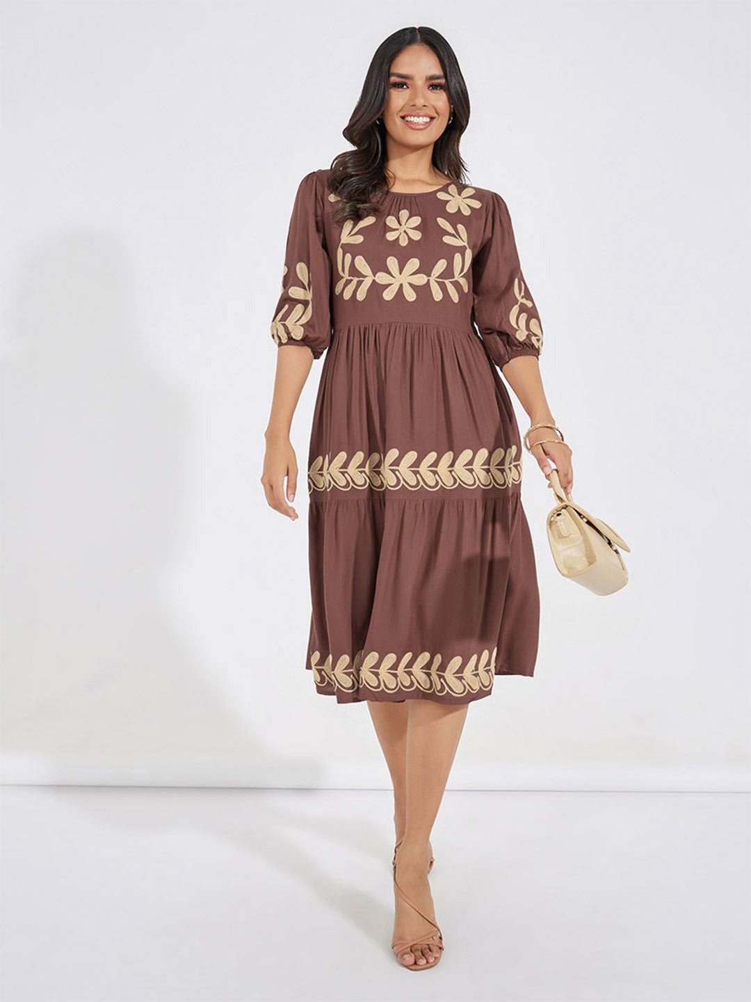 

Styli Women Embroidered Short Sleeve Midi Length Dress, Brown