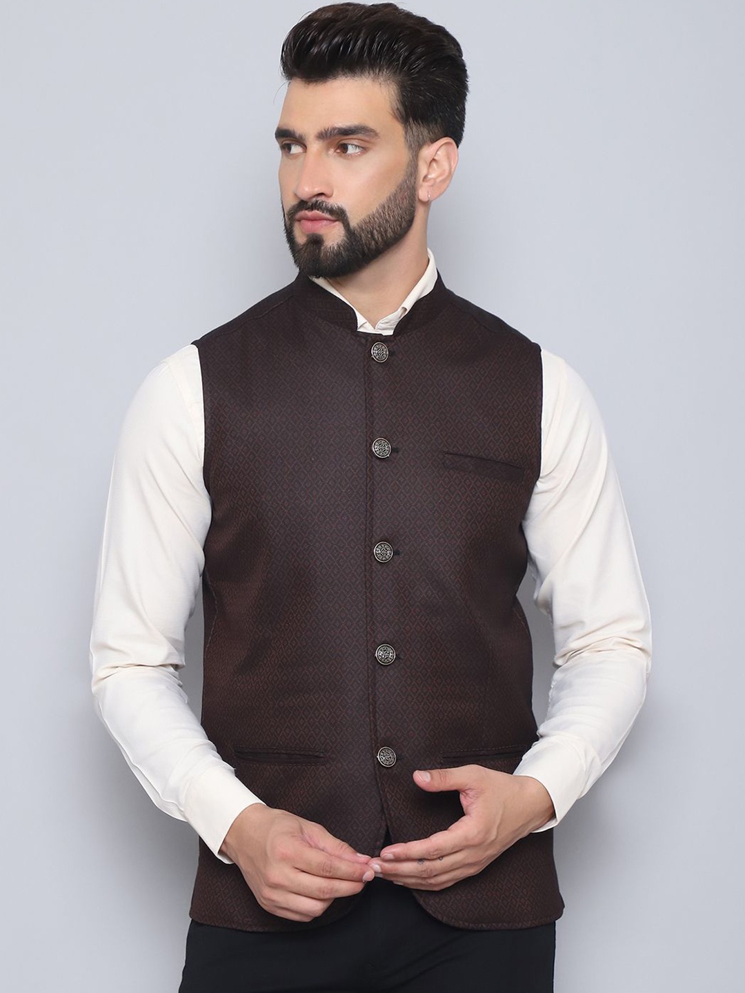 

even Printed Woven Nehru Jacket, Maroon