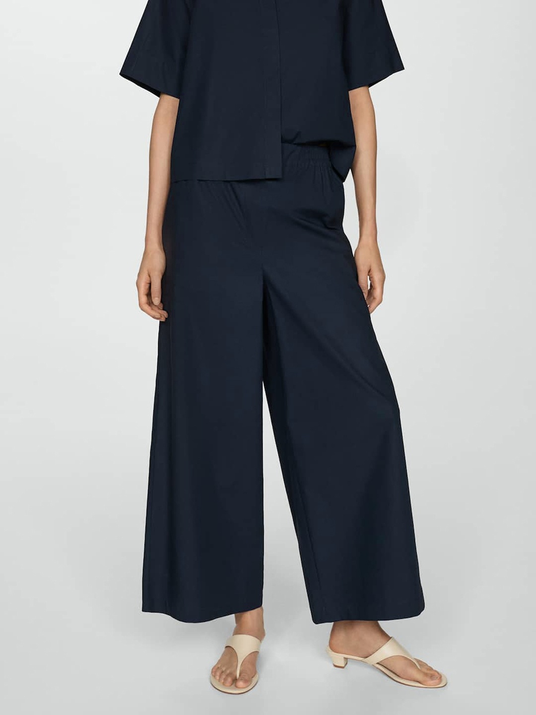 

MANGO Women Flared Pure Cotton Trousers, Navy blue