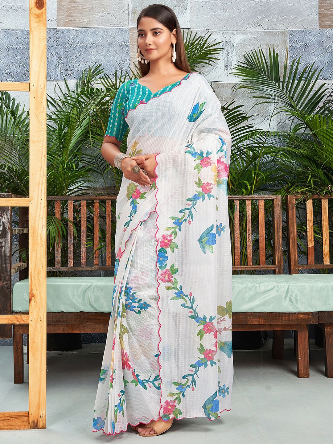 

all about you Floral Silk Cotton Ready to Wear Dabu Saree, White