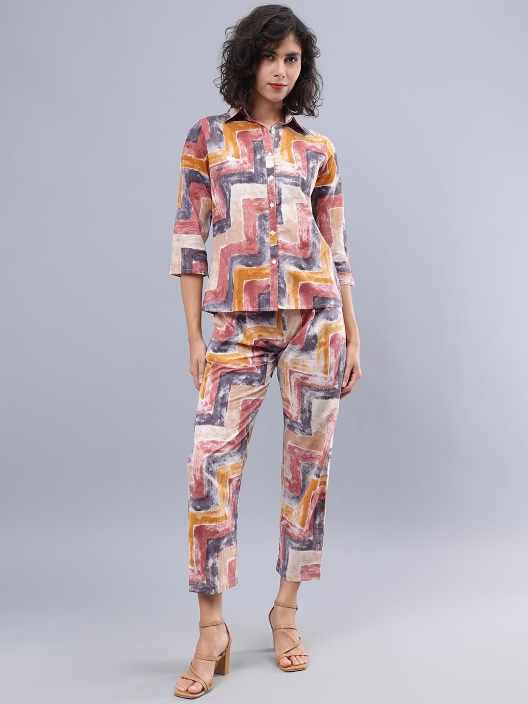 

CORDSET Printed Pure Cotton Shirt With Trouser, Brown