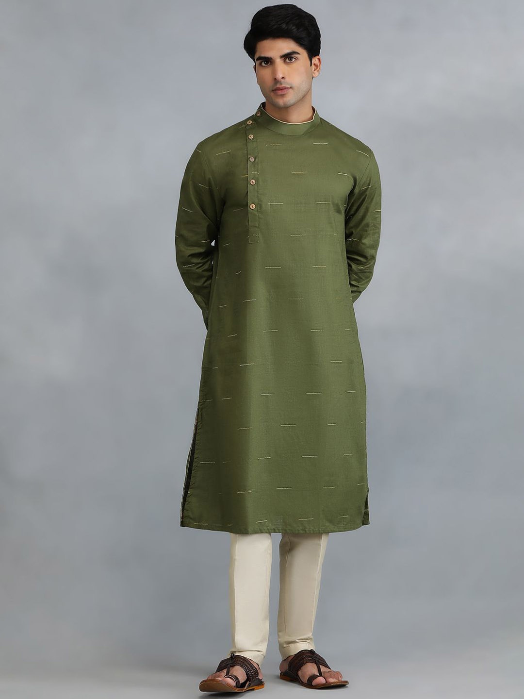 

THE KURTA COMPANY Geometric Woven Design Band Collar Straight Kurta, Green