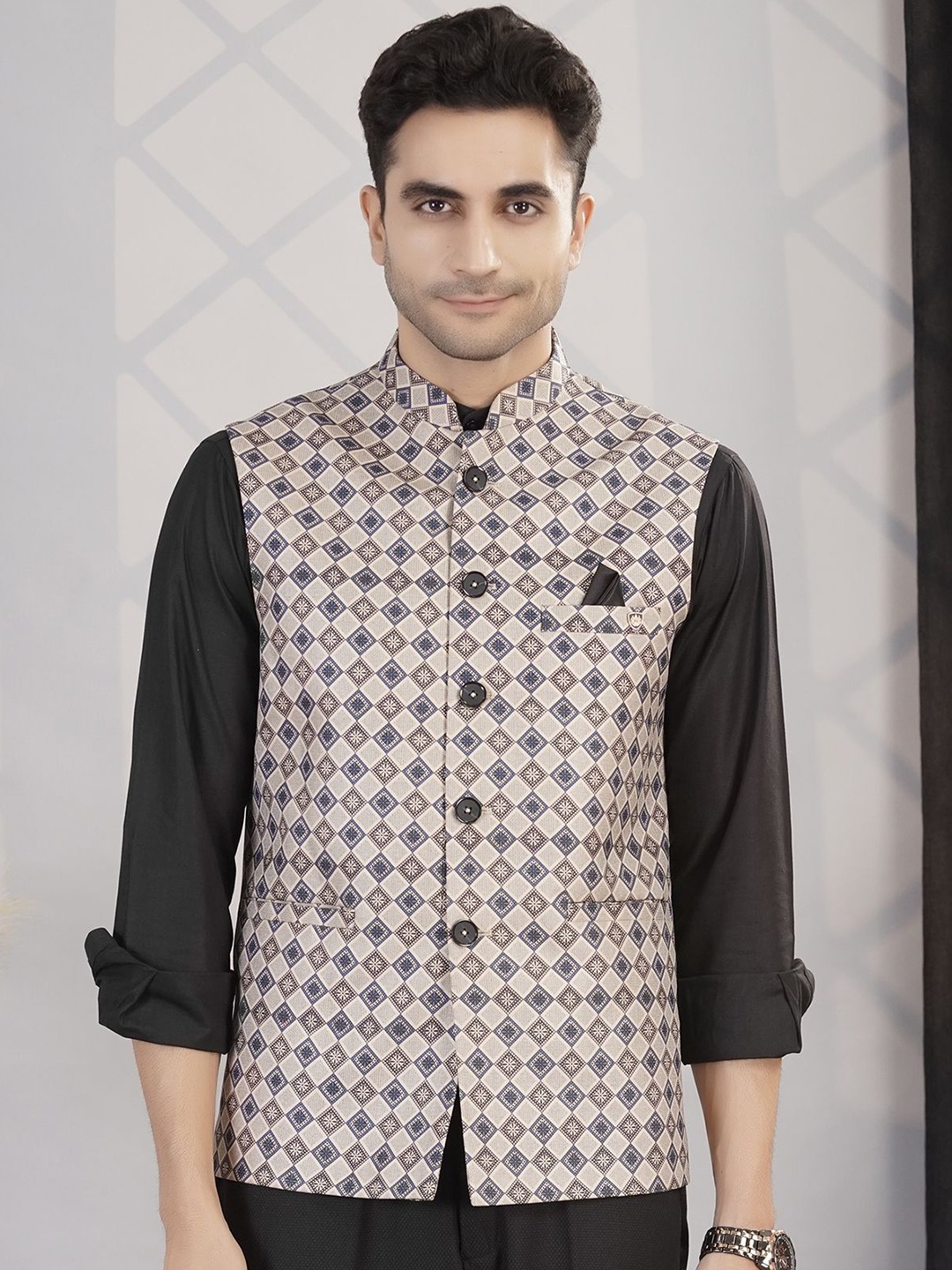 

LA'SCOOT Checked Printed Mandarin Collar Nehru Jacket, Blue