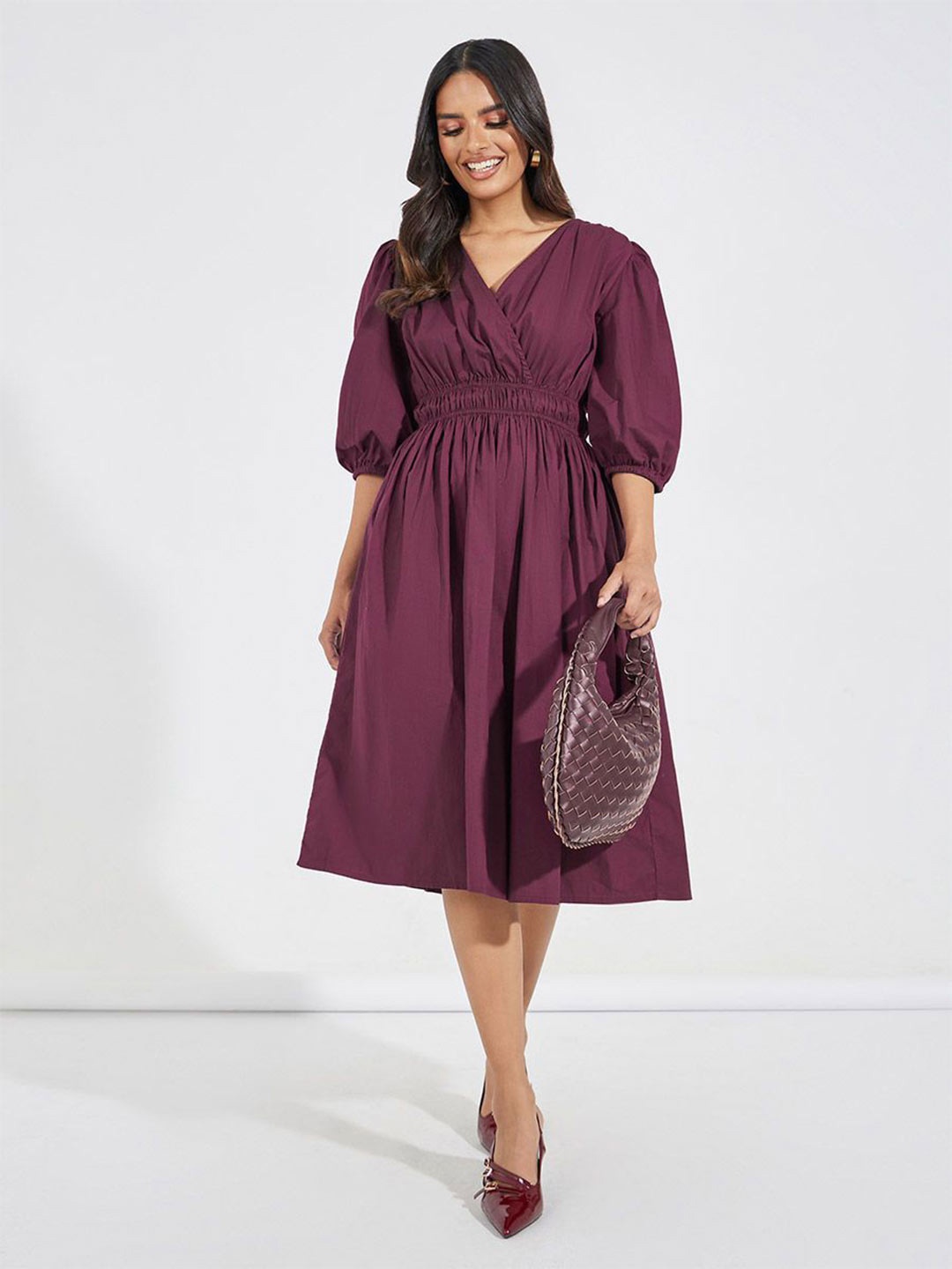 

Styli Women V Neck Puff Sleeves A-Line Midi Dress, Purple