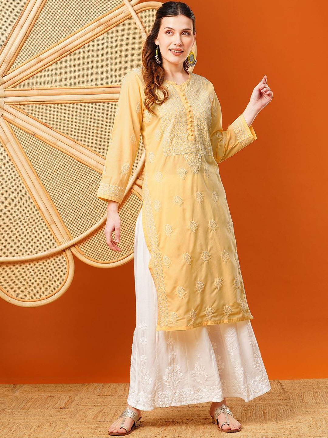 

ADA Ethnic Motifs Embroidered Chikankari Detail Long Sleeves Side Slit Regular Kurta, Yellow