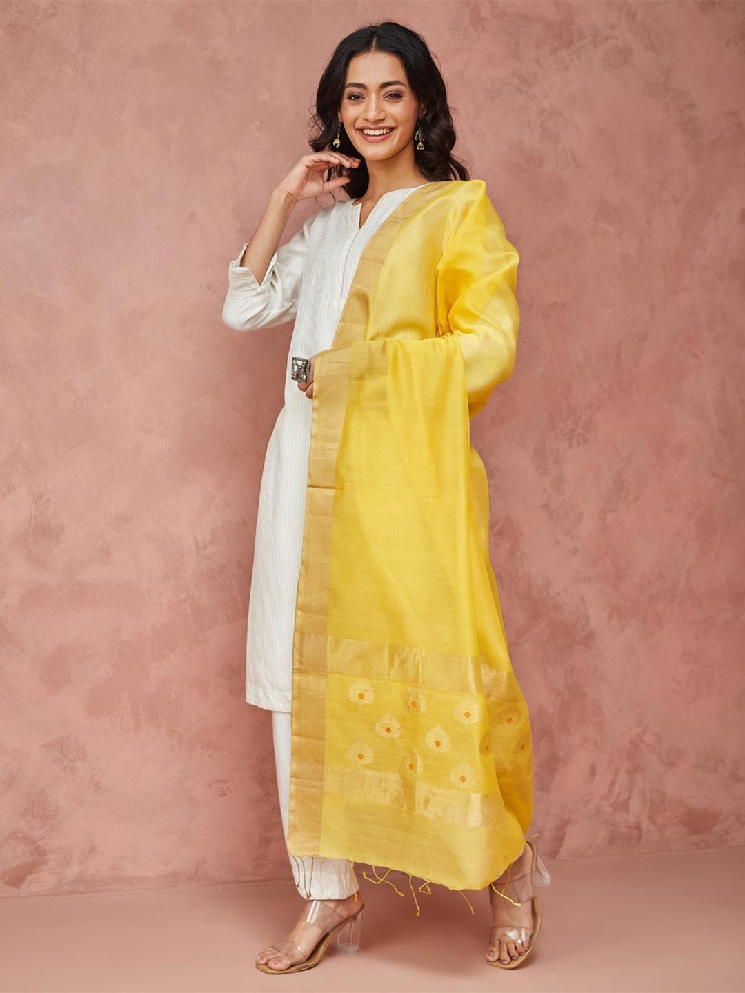 

Fabindia Floral Woven Design Cotton Silk Dupatta with Zari, Yellow