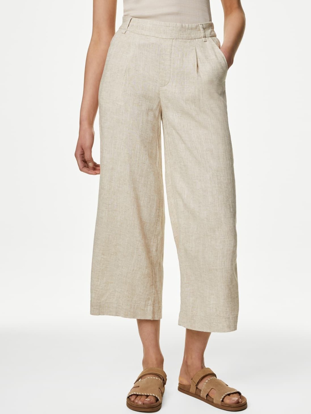 

Marks & Spencer Women Flared High-Rise Cropped Trousers, Beige