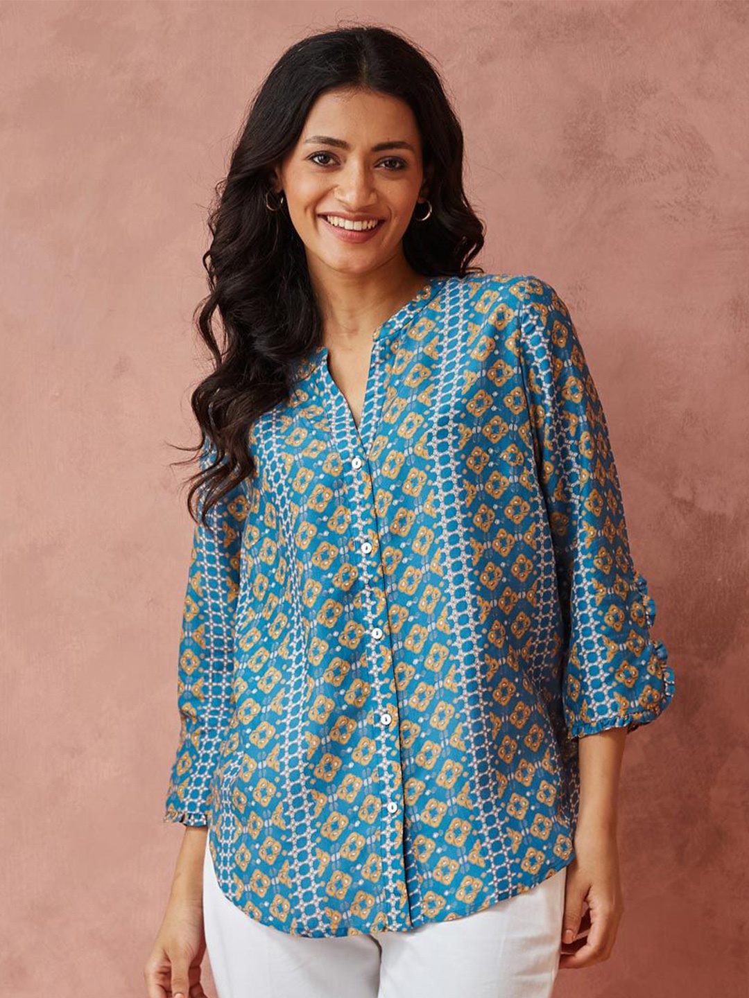 

Fabindia Women Mandarin Collar Ethnic Printed Casual Shirt, Blue