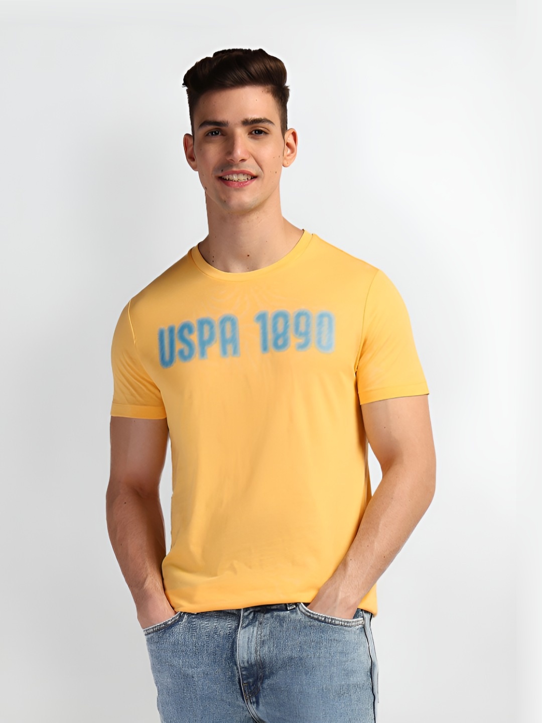 

U.S. Polo Assn. Denim Co. Men Typography Printed Round Neck Cotton Slim Fit T-Shirt, Yellow