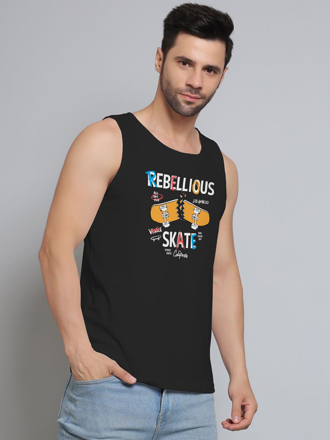 

DAB SHARK Printed Cotton Gym Vest, Black
