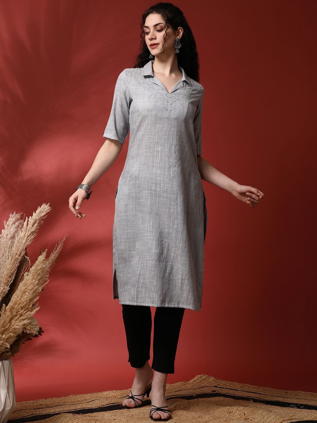 

Anouk Shirt Collar Straight Kurta, Silver