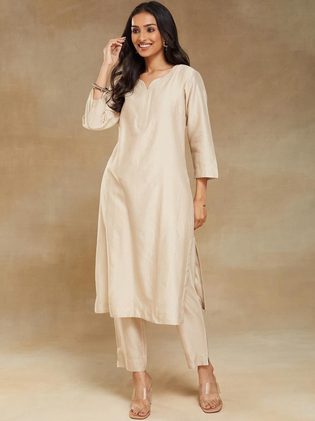 

Fabindia Cotton Silk Straight Kurta with Trousers, Beige
