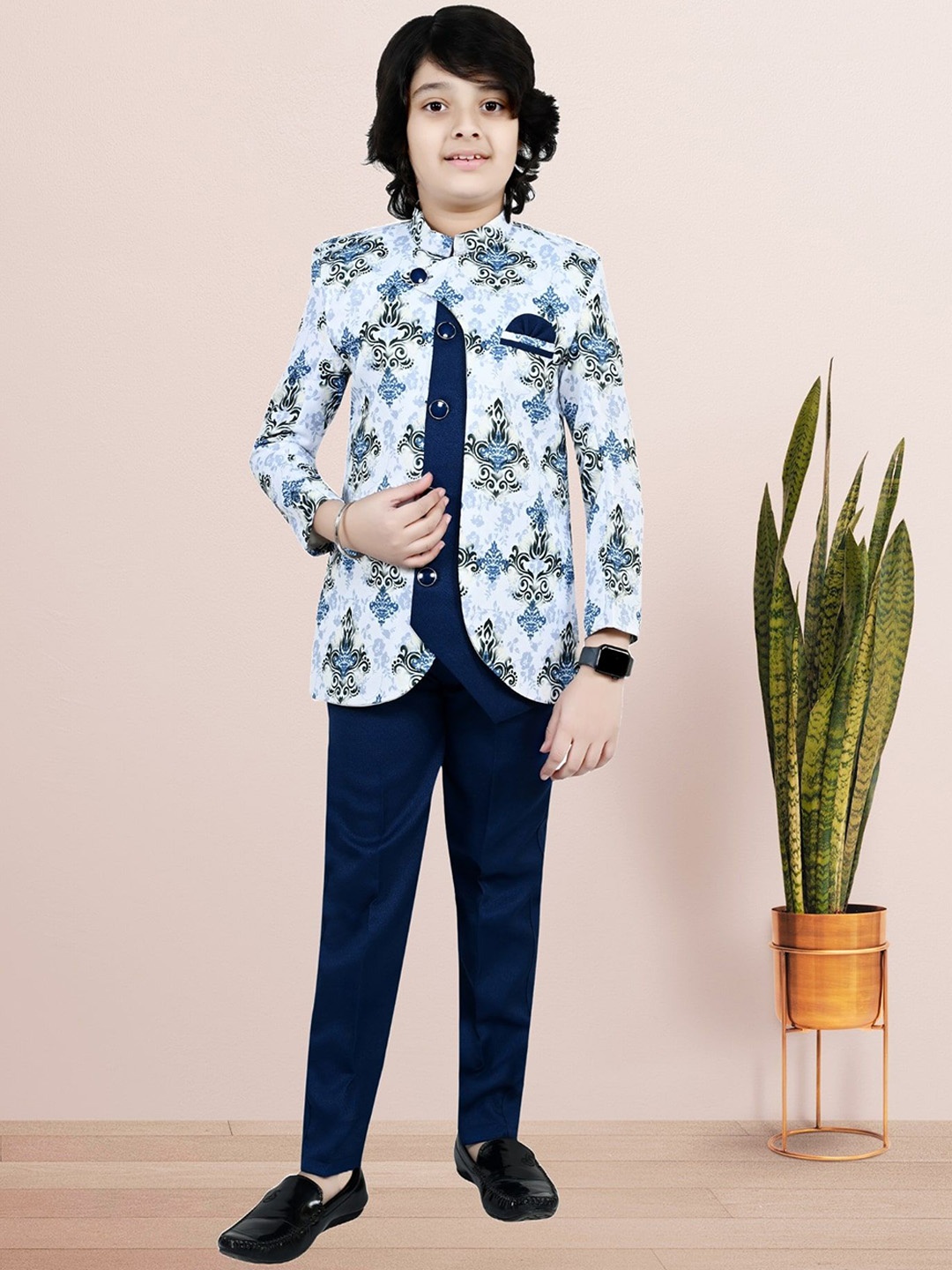 

BAESD Boys Ethnic Printed Sherwani Set, Navy blue