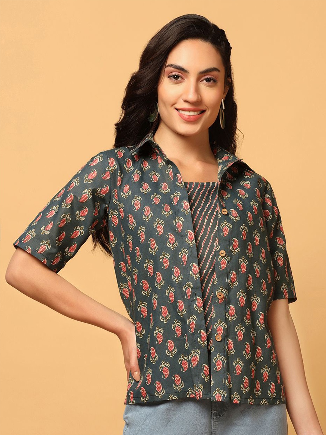 

BAESD Women Pack Of 2 Band Collar Abstract Printed Cotton Casual Shirts, Green