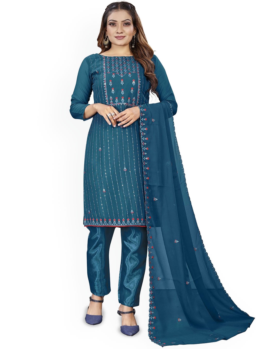 

APNISHA Floral Embellished Sequinned Silk Georgette Unstitched Dress Material, Teal