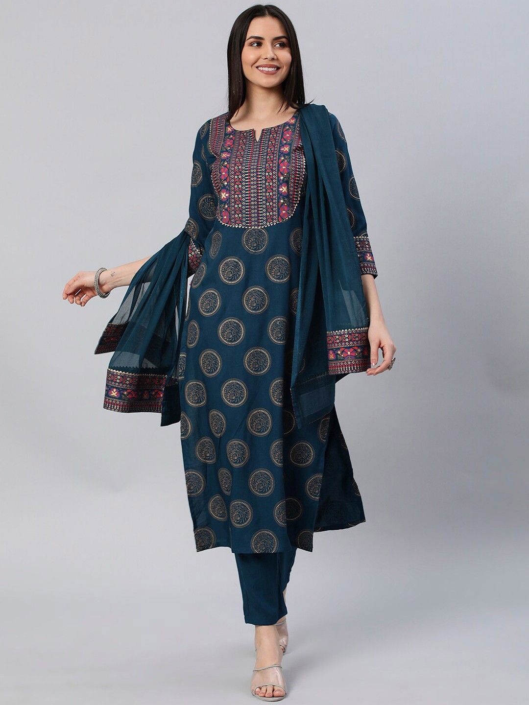 

GoSriKi Ethnic Motifs Printed Kurta with Trousers & Dupatta, Turquoise blue