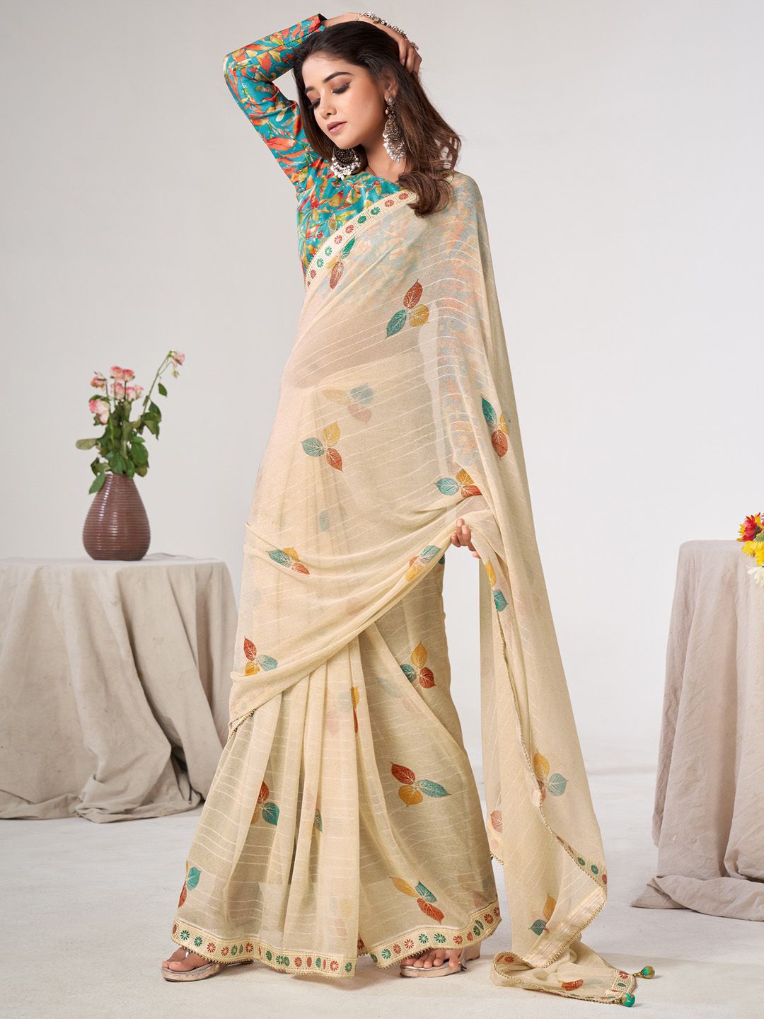 

Saree mall Floral Gotta Patti Poly Georgette Sarees, Cream