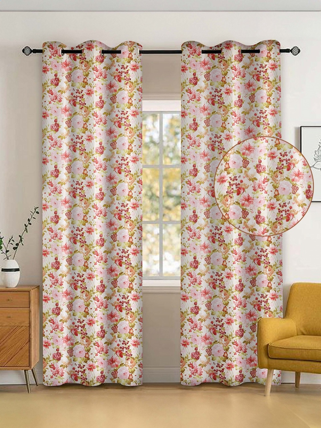 

Tesmare Off White & Pink Floral Long Door Curtain