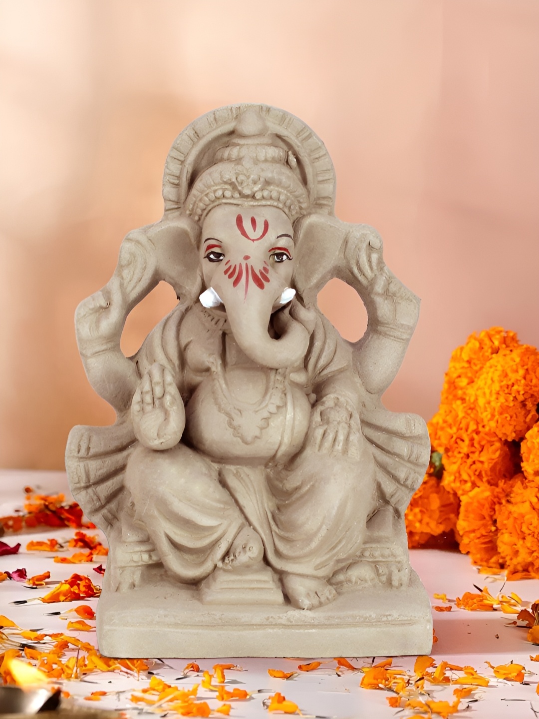

TIED RIBBONS Brown & Red Lord Ganesh Clay Idol Showpiece