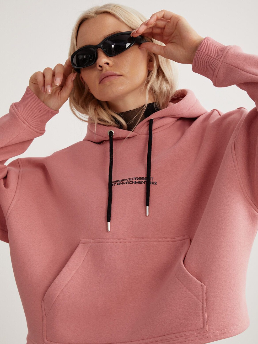 

GRIMELANGE Graphic Printed Solid Sweatshirt, Pink