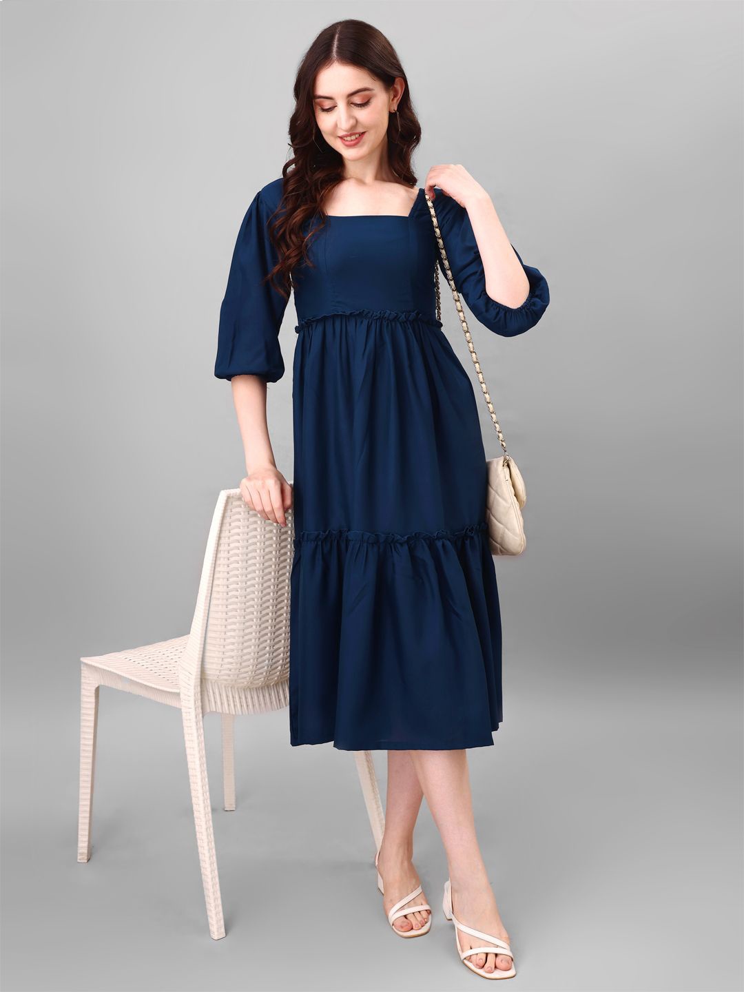 

Femvy Women Puff Sleeve Fit & Flare Dress, Blue