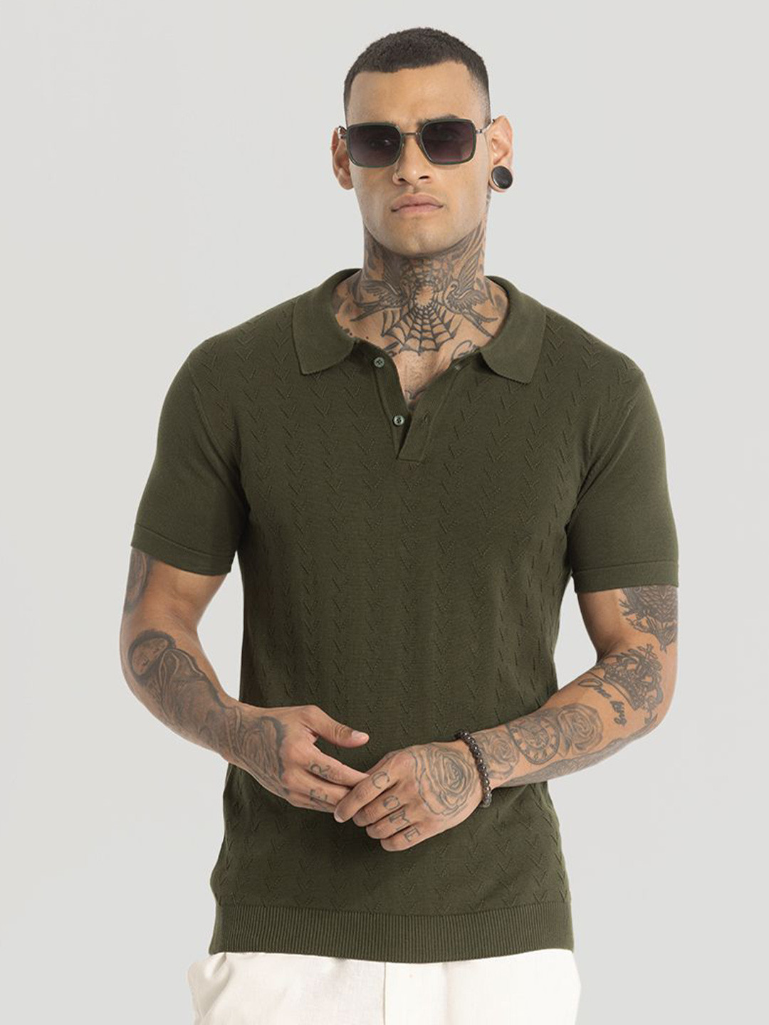 

Snitch Men Self Design Polo Collar Cotton Slim Fit T-Shirt, Olive