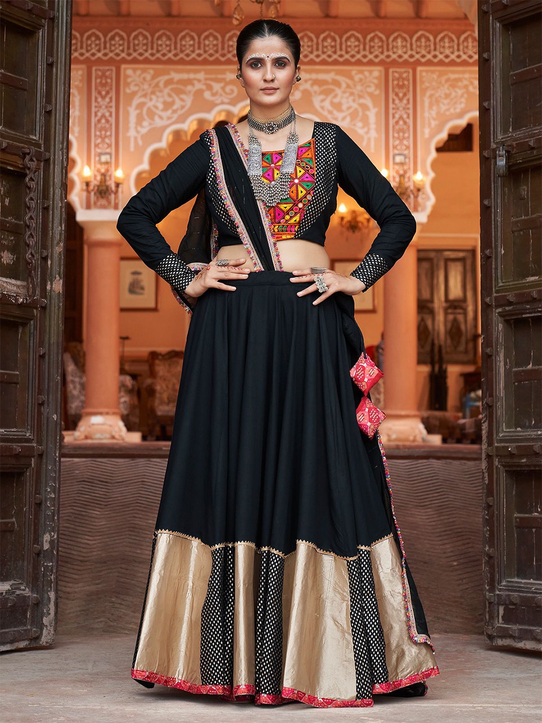 

ODETTE Embroidered Mirror Work Semi-Stitched Lehenga & Ready to Wear Blouse With Dupatta, Black