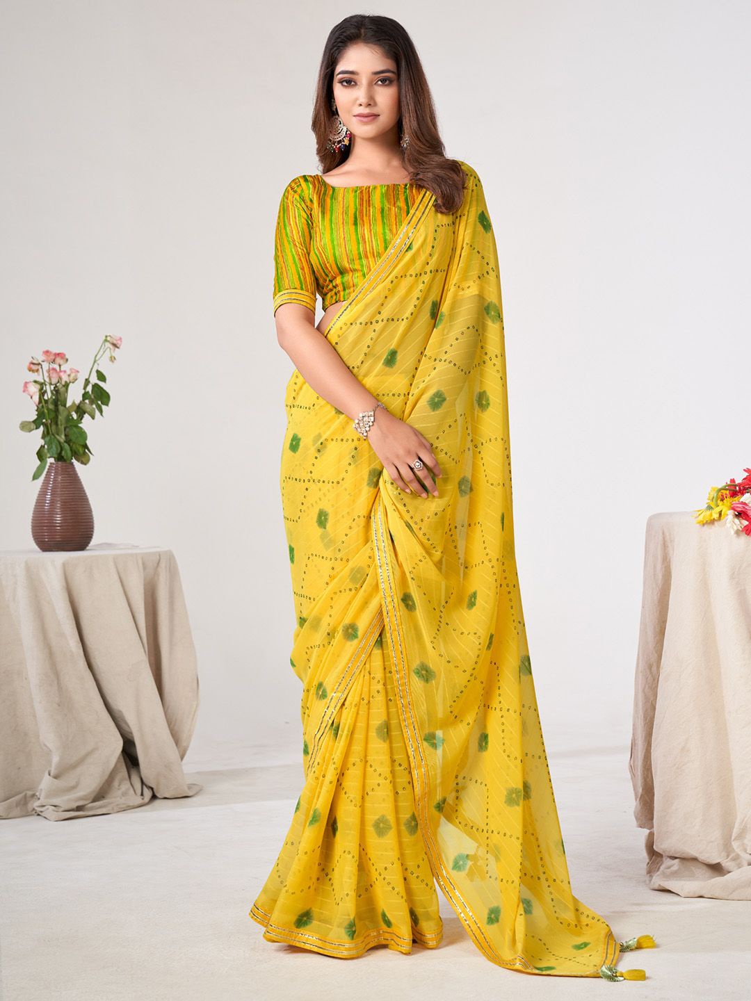 

Saree mall Bandhani Gotta Patti Poly Georgette Sarees, Yellow