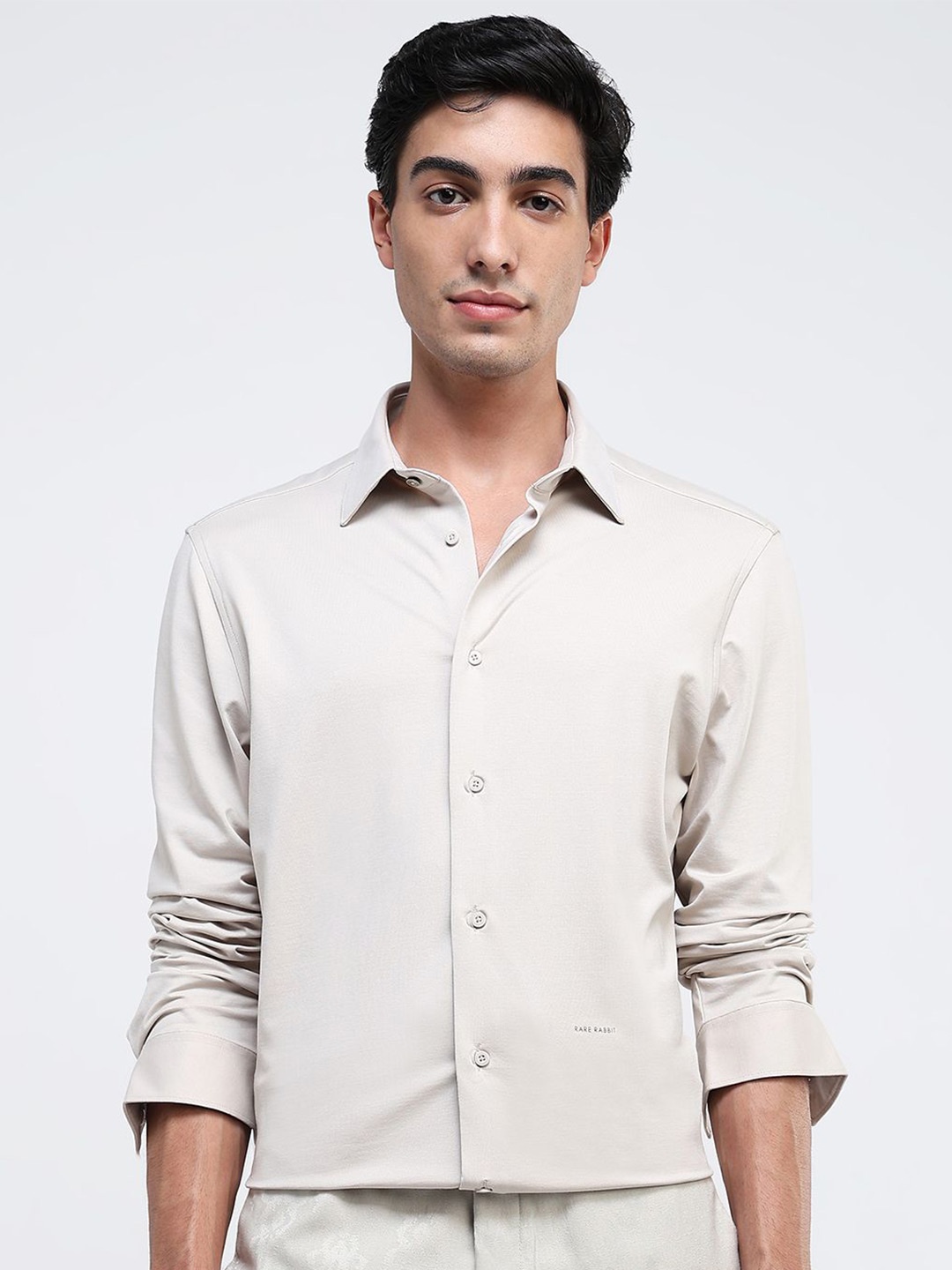 

RARE RABBIT Men Comfort Spread Collar Solid Cotton Formal Shirt, Beige