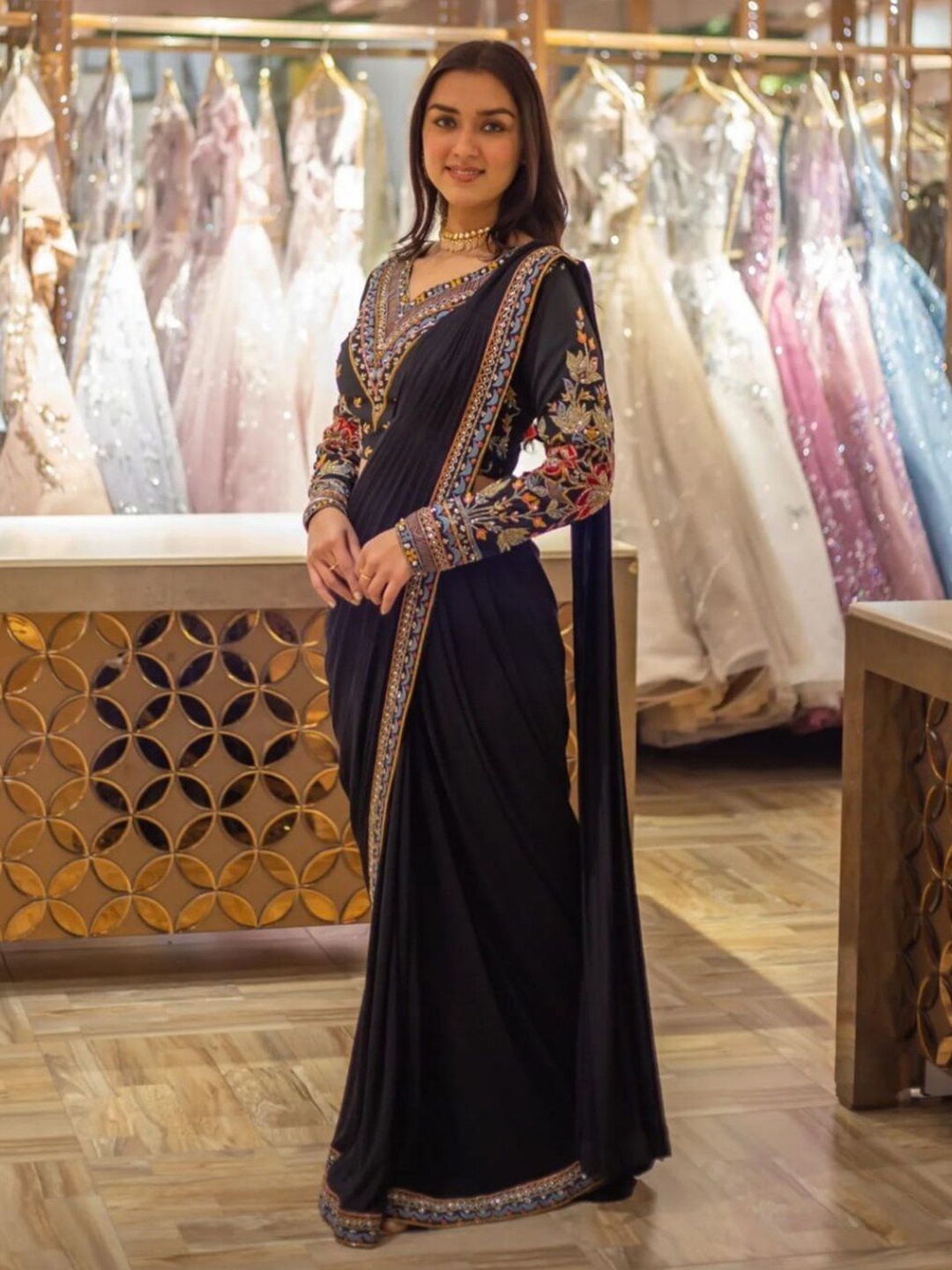 

Sanwariya Silk Beads and Stones Pure Georgette Mysore Silk Saree, Black