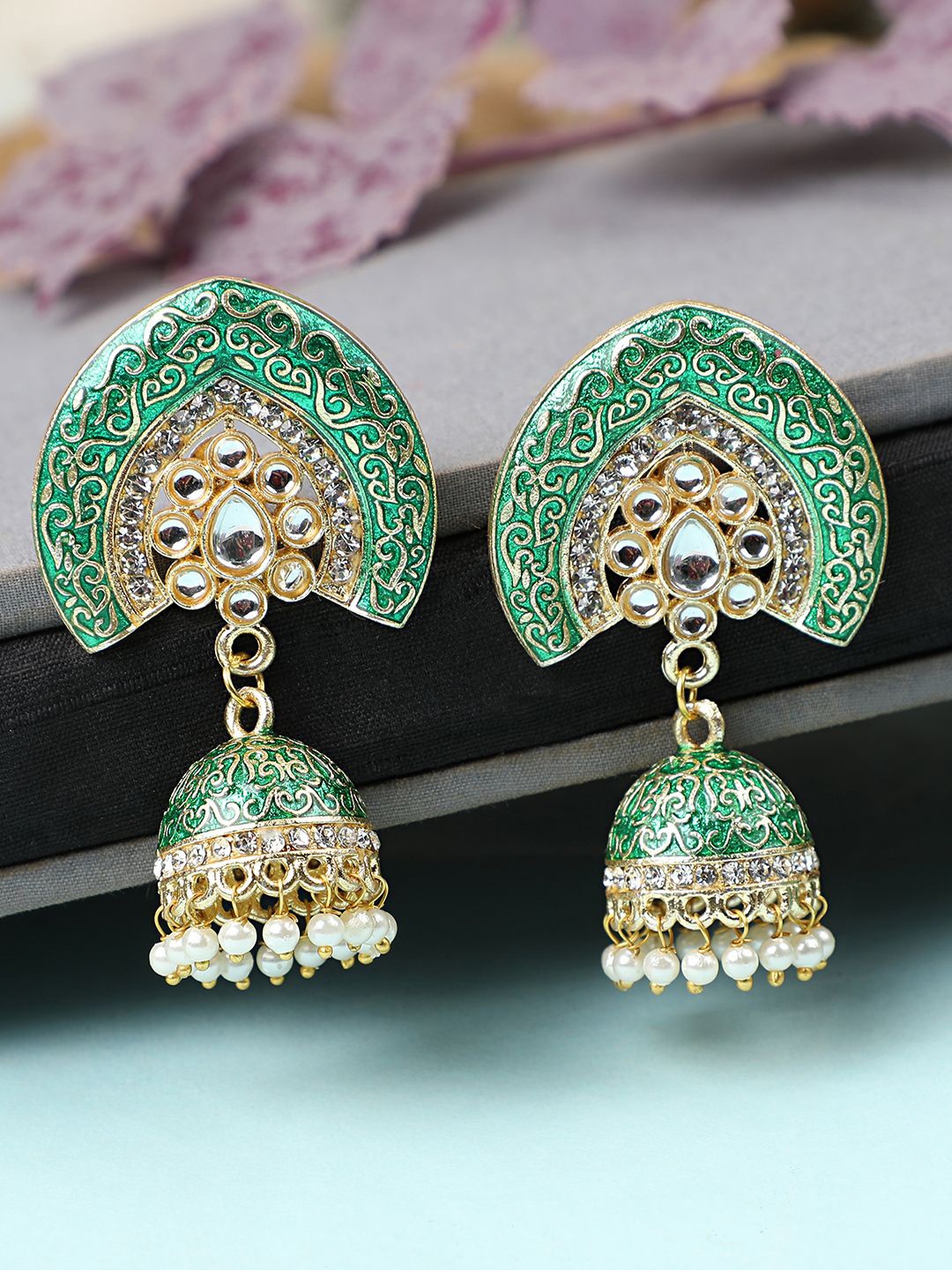 

MODE MANIA Gold-Plated Kundan Studded & Beaded Dome Shaped Jhumkas