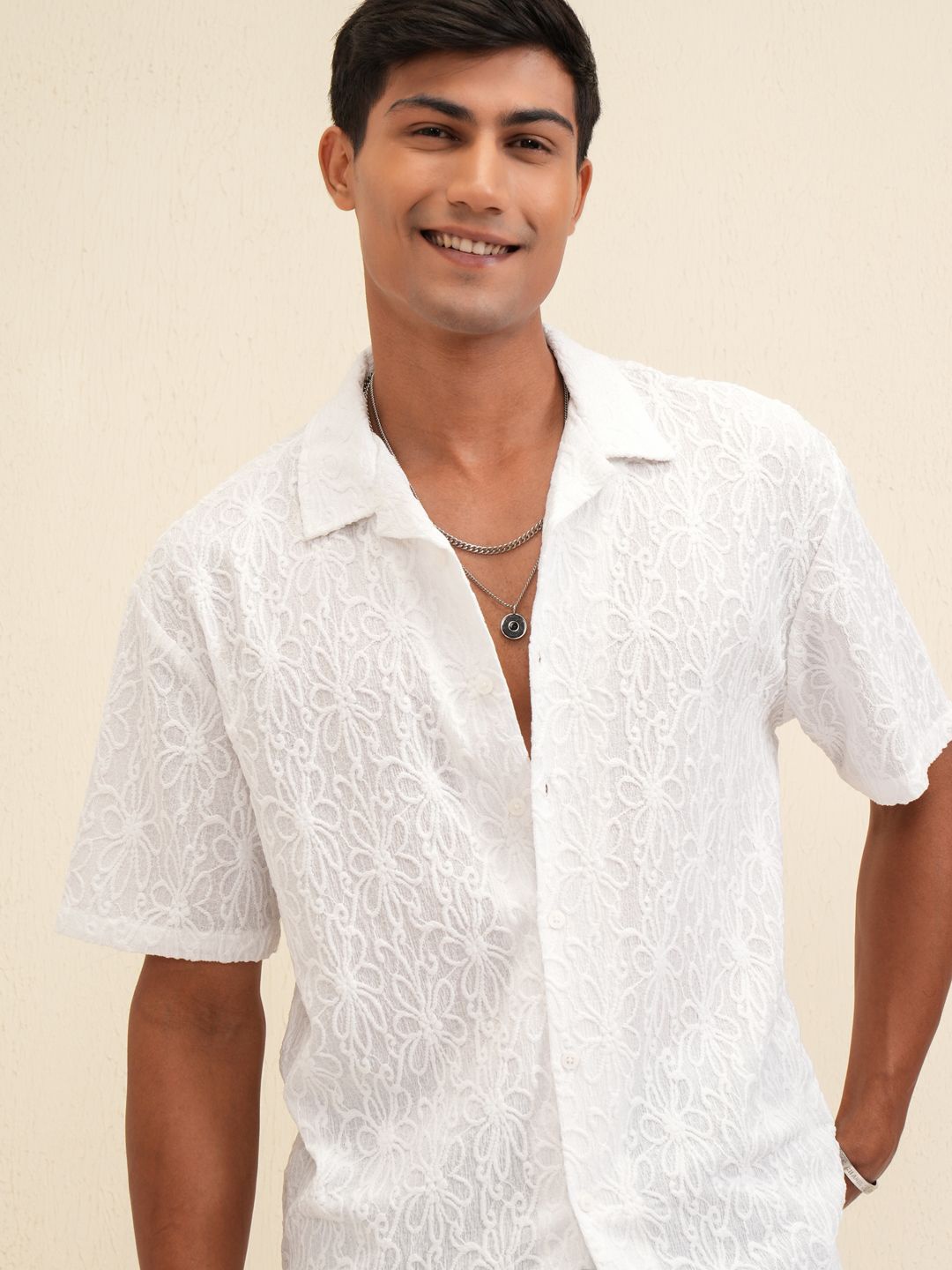 

LOCOMOTIVE Premium Men Knitted Jacquard Cuban Collar Relaxed Shirt, White
