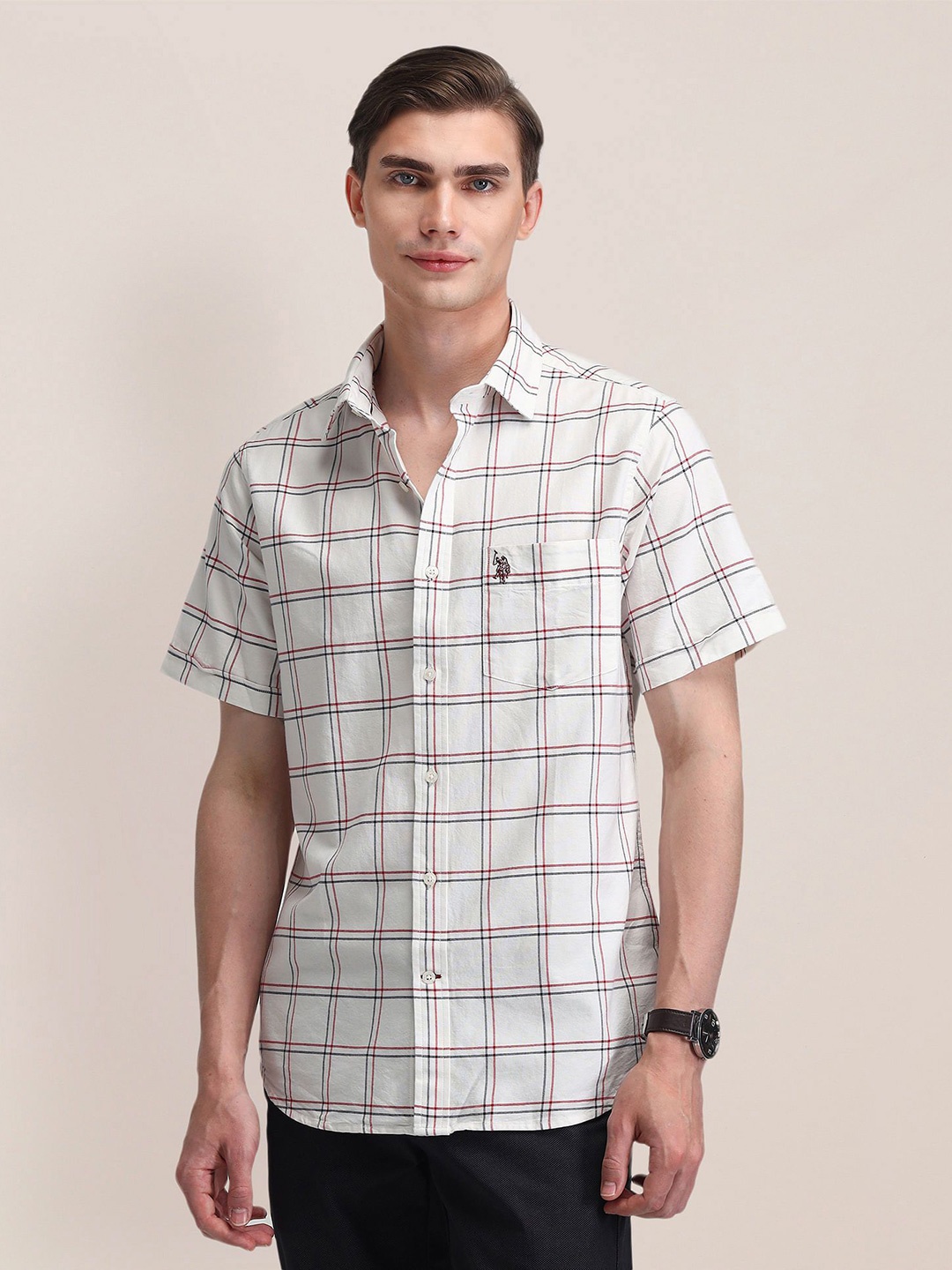 

U.S. Polo Assn. Men Classic Spread Collar Tartan Checked Cotton Formal Shirt, White