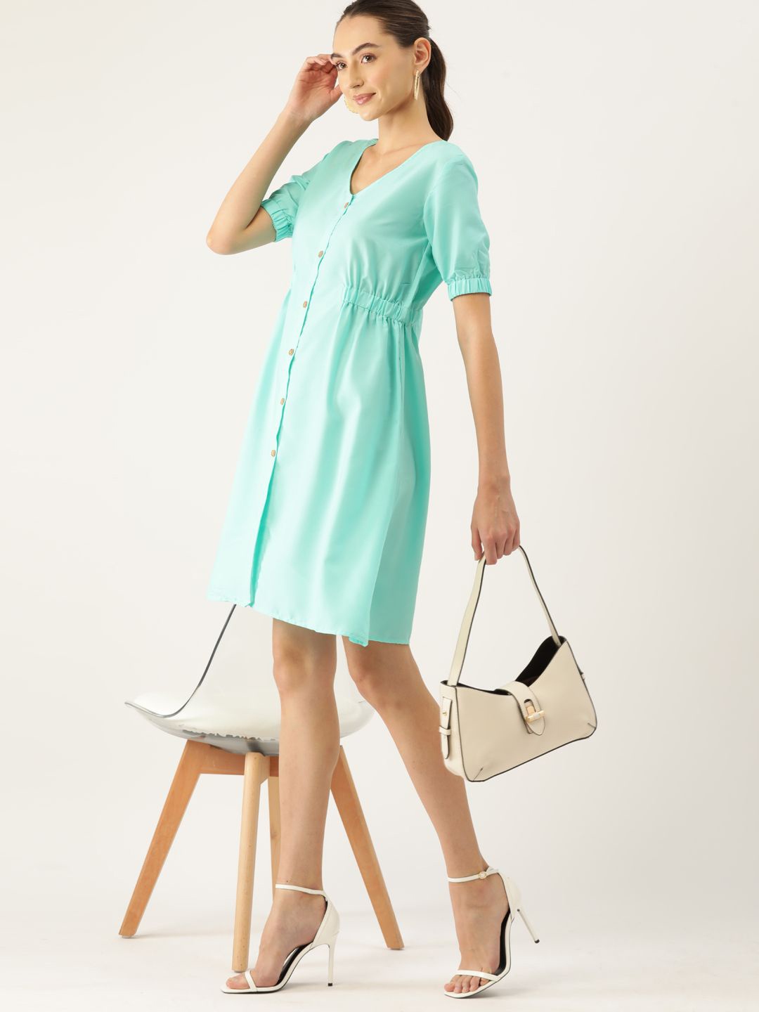

DressBerry Puff Sleeve Crepe Fit & Flare Dress, Sea green