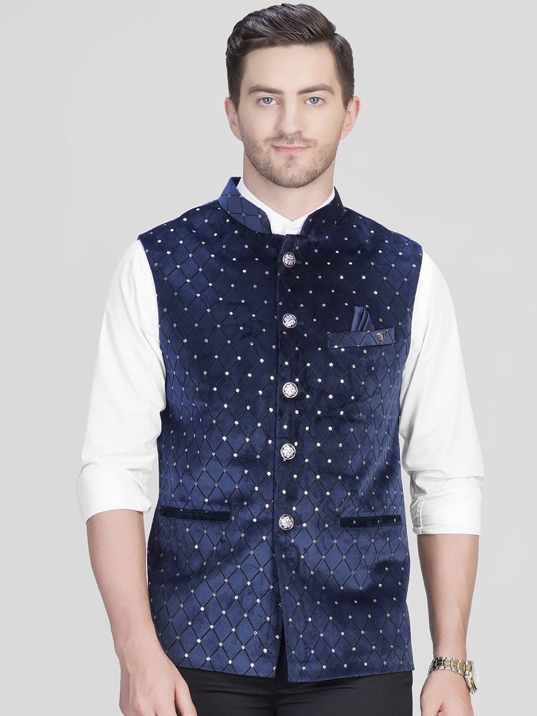

LA'SCOOT Checked Embroidered Mandarin Collar Nehru Jacket, Blue