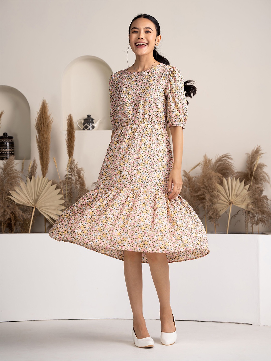 

DressBerry Women Floral Printed Fit & Flare Dress, Peach