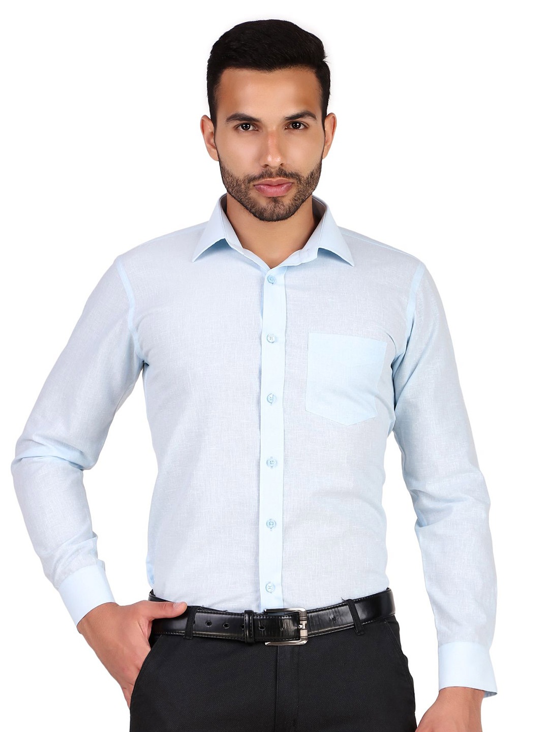 

DESIGN UP MEN LIGHT BLUE SOLID SLIM FIT COTTON LINEN FORMAL SHIRT